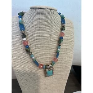 Sterling Silver 925 Turquoise Signed PSD Thailand Multi-Stone Beaded Necklace
